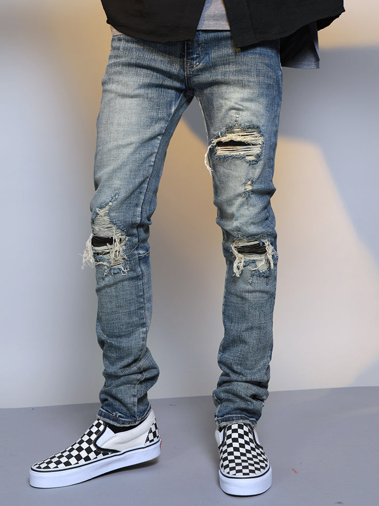 Men's Ripped Washed Blue Cotton Denim Jeans Mid Waist