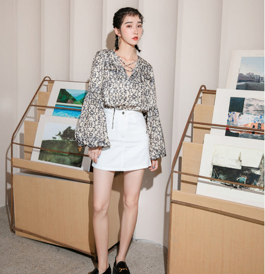 Retro Blouse With Lantern Sleeves Printed Shirt