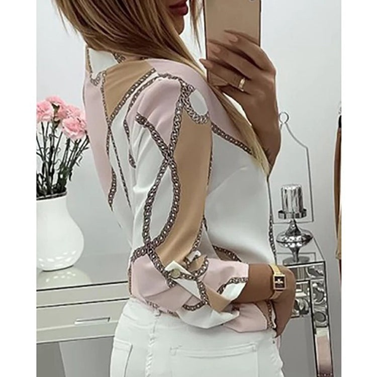 Printed Lapel Pull-up Long-sleeved Shirt
