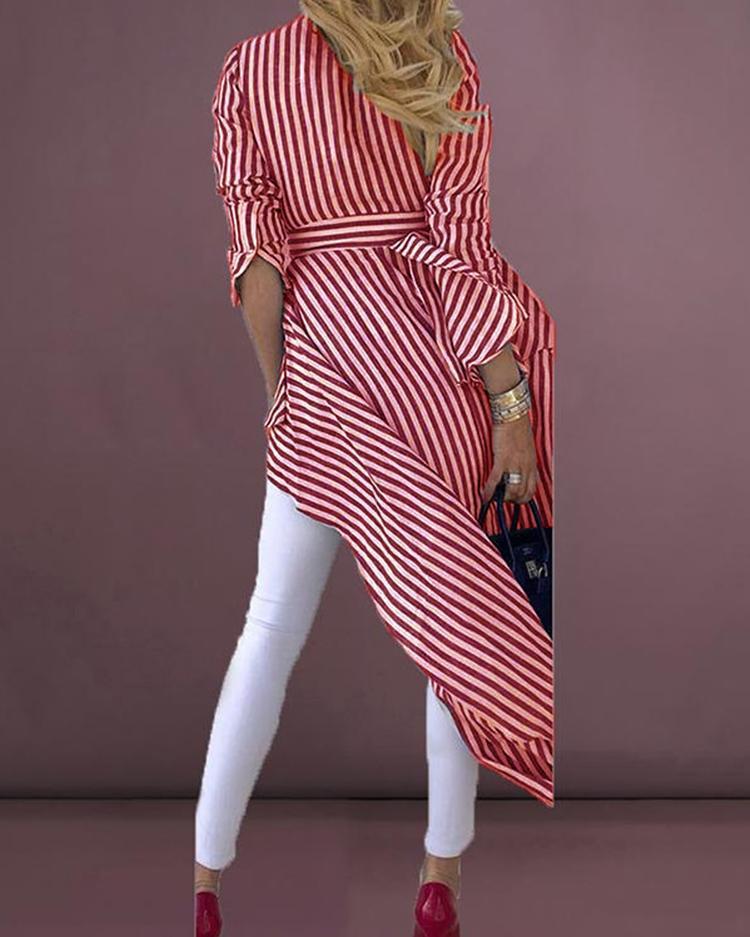 Fashion Simple Slim Slimming Color Matching Short Sleeved Women's Striped Shirt Dress
