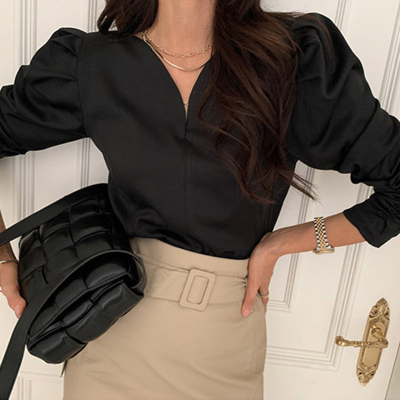 Chemise en coton chic et minimaliste pour femme, style français, col en V et manches bouffantes