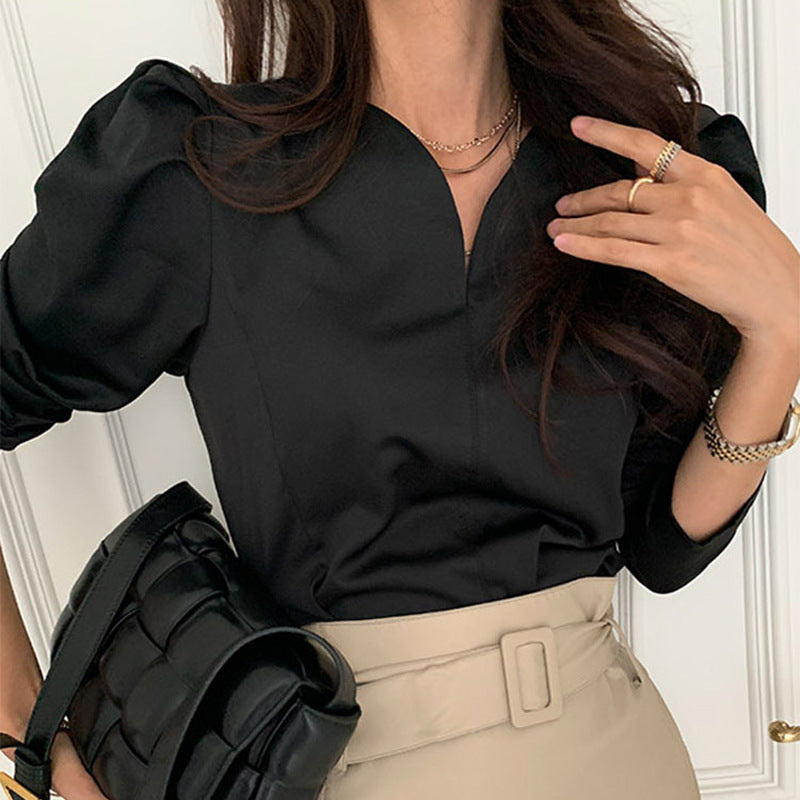 Chemise en coton chic et minimaliste pour femme, style français, col en V et manches bouffantes