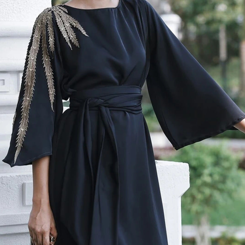 Loriya Middle East Classy Embroidered Sleeve Velvet Cardigan Dress for Women