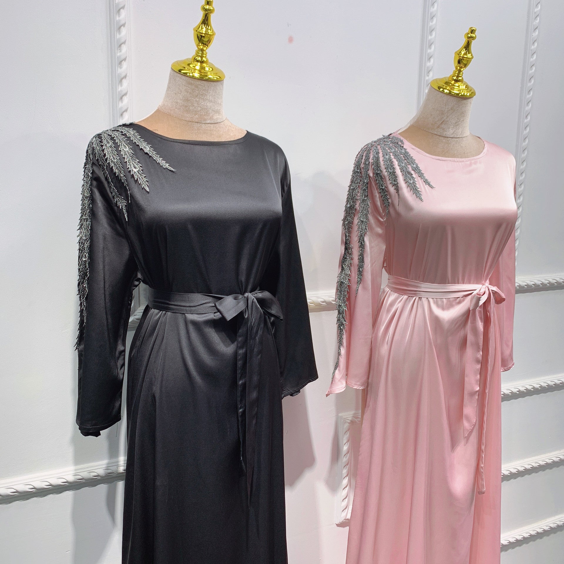 Loriya Middle East Classy Embroidered Sleeve Velvet Cardigan Dress for Women