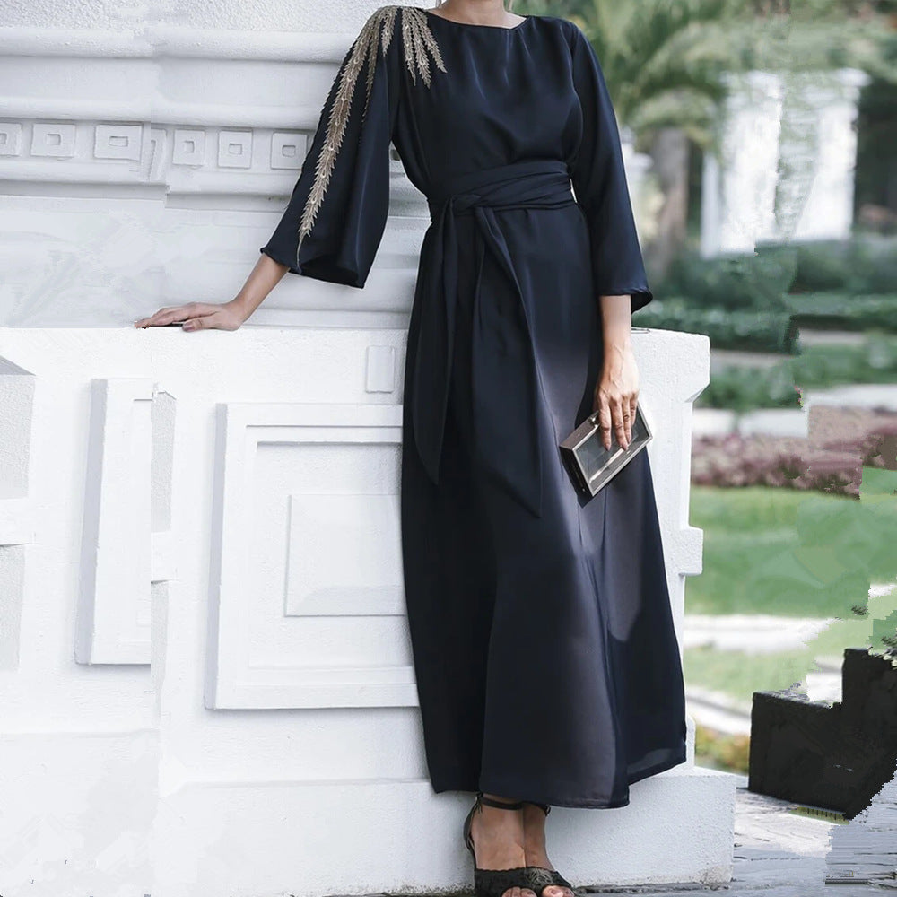 Loriya Middle East Classy Embroidered Sleeve Velvet Cardigan Dress for Women