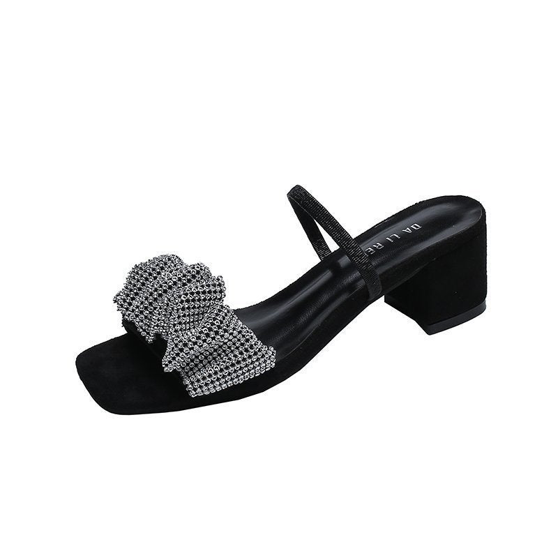 Fairy Black Rhinestone Stiletto Slippers with Heel Options
