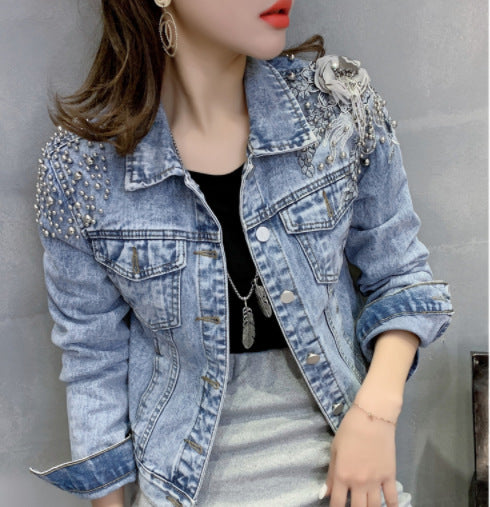 Europe Station Women's Short Slim Blue Denim Jacket with Shoulder Rivets and 3D Flower