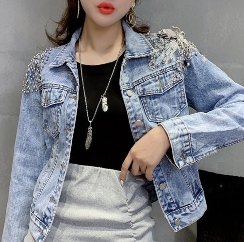 Europe Station Women's Short Slim Blue Denim Jacket with Shoulder Rivets and 3D Flower