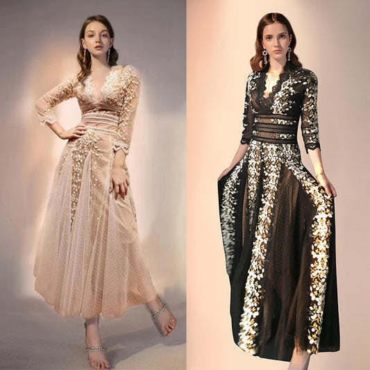 Early Autumn New V-neck Waist Slimming Mid-length Polka Dot Mesh Embroidered Dress Dress Skirt