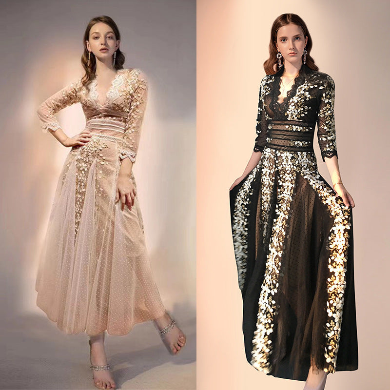 Early Autumn New V-neck Waist Slimming Mid-length Polka Dot Mesh Embroidered Dress Dress Skirt