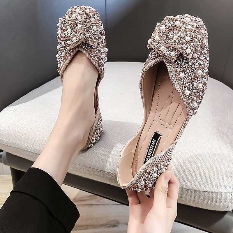 Large Size Women’s Beaded Square Toe Flat Shoes with Mid Heel
