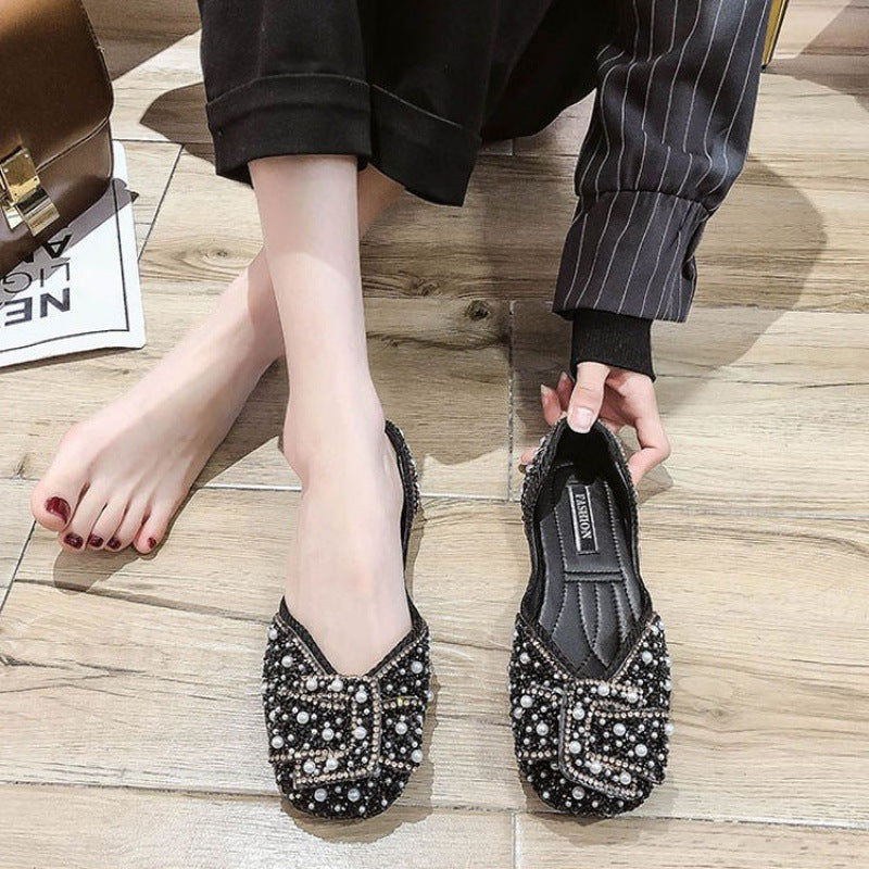 Large Size Women’s Beaded Square Toe Flat Shoes with Mid Heel