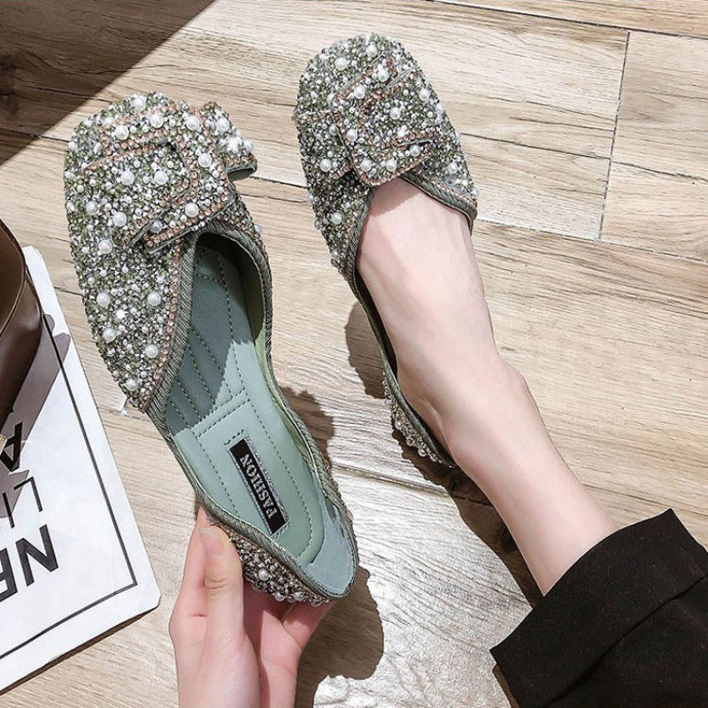 Large Size Women’s Beaded Square Toe Flat Shoes with Mid Heel