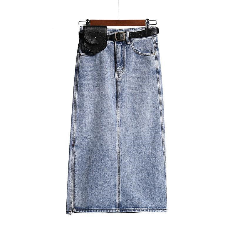 Jupe trapèze en jean bleu clair taille haute fendue pour le printemps et l'automne