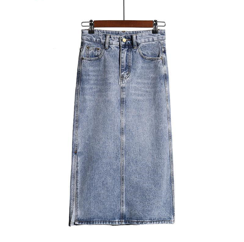 Jupe trapèze en jean bleu clair taille haute fendue pour le printemps et l'automne