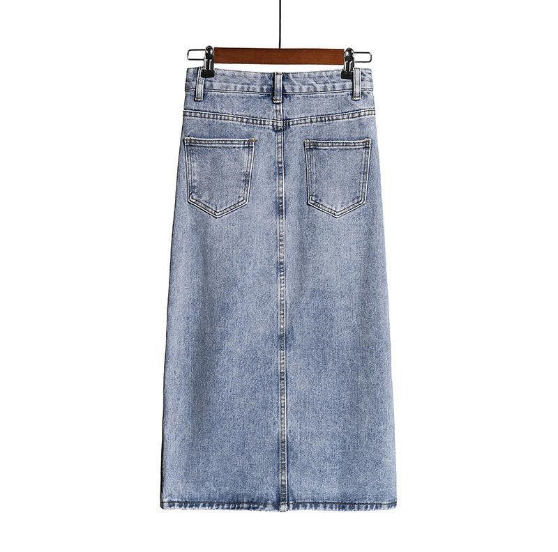 Jupe trapèze en jean bleu clair taille haute fendue pour le printemps et l'automne