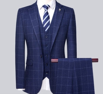 Male Three-Piece Slim Plaid Suit Business Casual Formal Wear Wedding Dress Best Man
