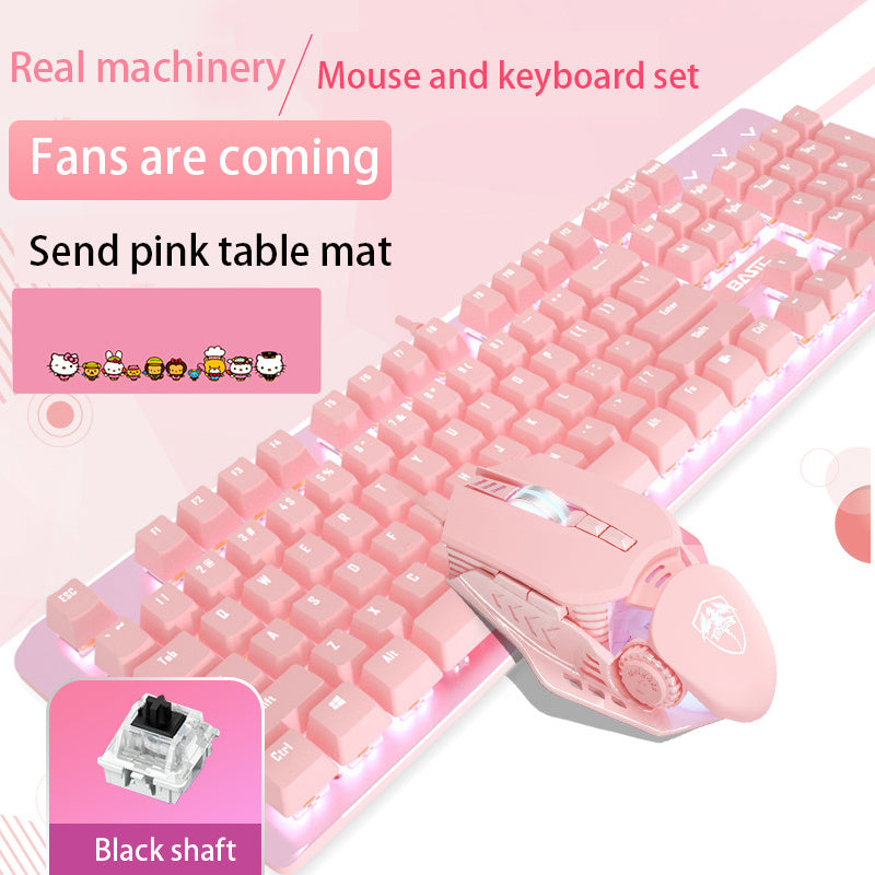 Ensemble clavier et souris mécanique filaire rose avec commutateurs verts et rouges pour le jeu