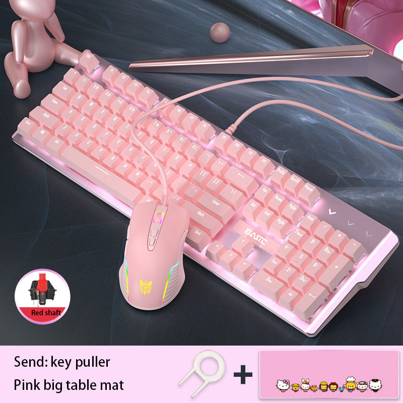 Ensemble clavier et souris mécanique filaire rose avec commutateurs verts et rouges pour le jeu