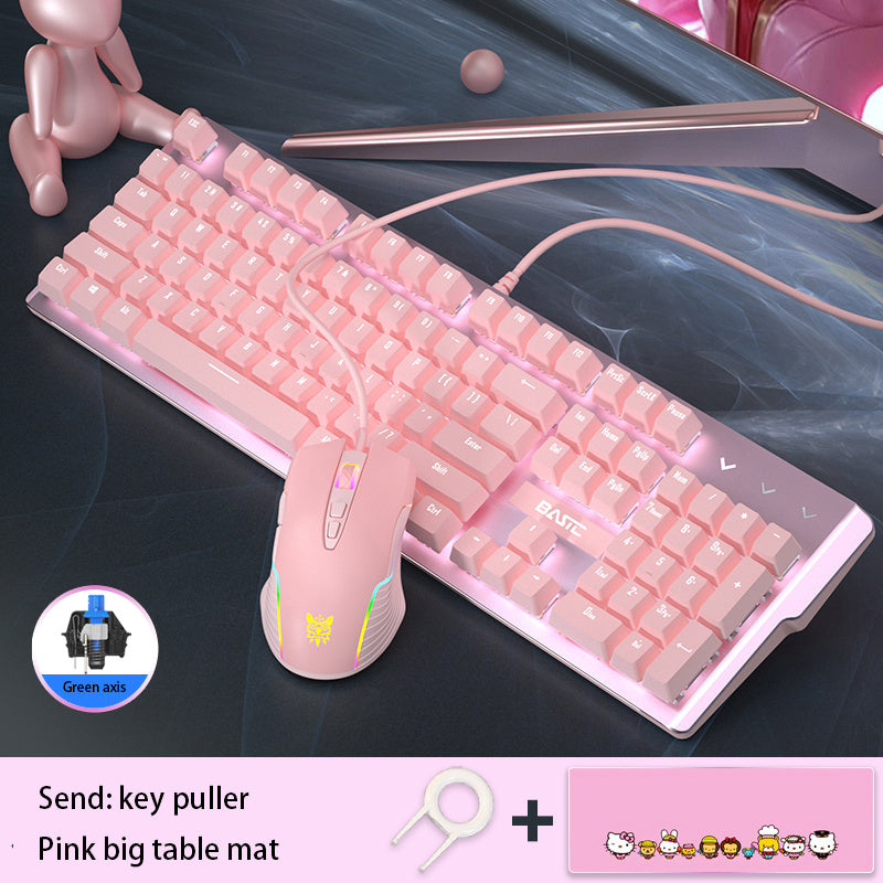 Ensemble clavier et souris mécanique filaire rose avec commutateurs verts et rouges pour le jeu