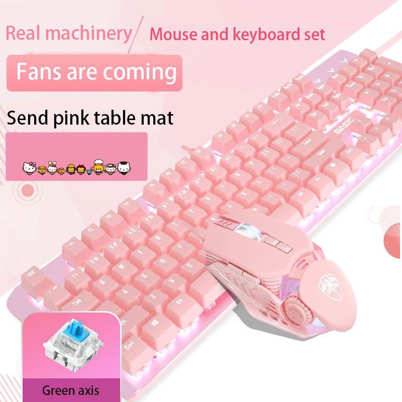 Ensemble clavier et souris mécanique filaire rose avec commutateurs verts et rouges pour le jeu