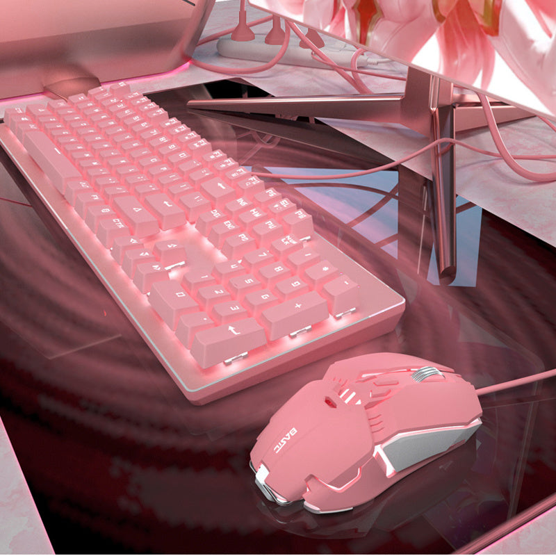 Ensemble clavier et souris mécanique filaire rose avec commutateurs verts et rouges pour le jeu