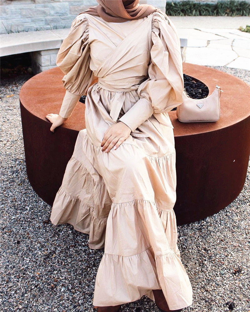 Middle East Europe and the United States Puff Sleeve Bandage More Wear French Robe Dress