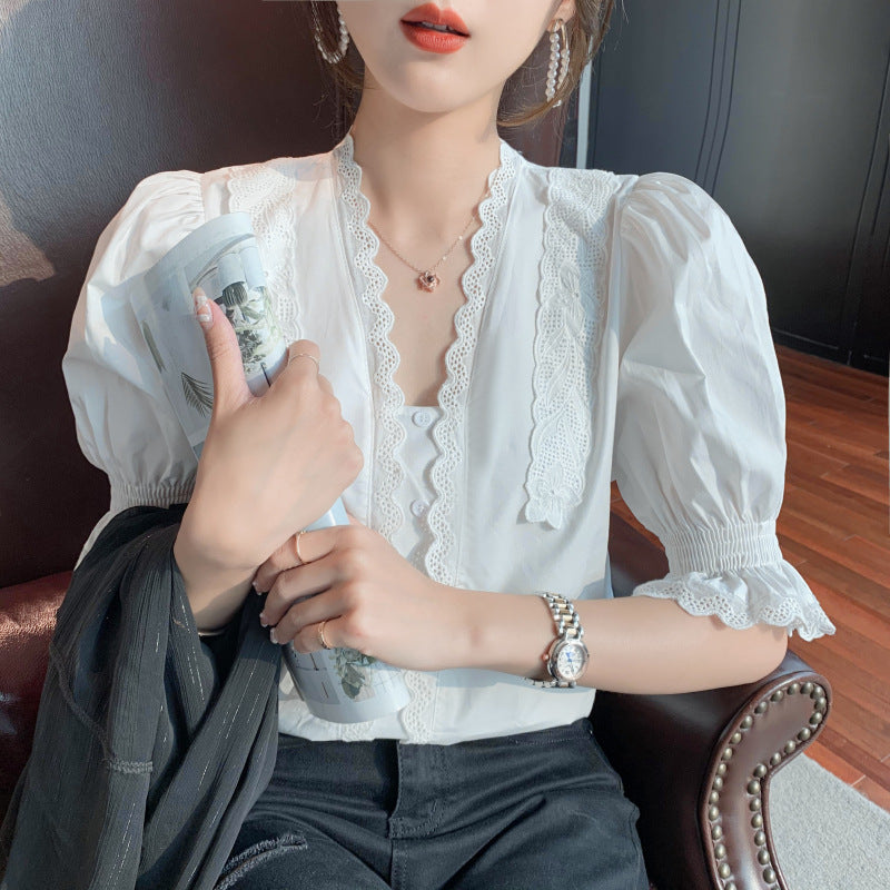 White V-Neck Puff Sleeve Lace Shirt for Women Short Sleeve