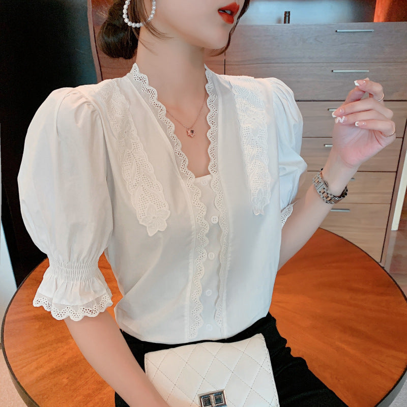 White V-Neck Puff Sleeve Lace Shirt for Women Short Sleeve
