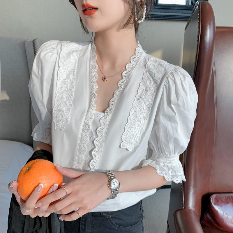 White V-Neck Puff Sleeve Lace Shirt for Women Short Sleeve