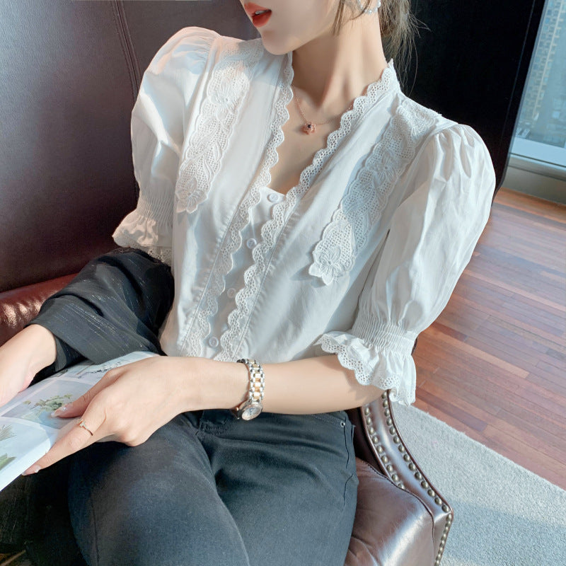 White V-Neck Puff Sleeve Lace Shirt for Women Short Sleeve