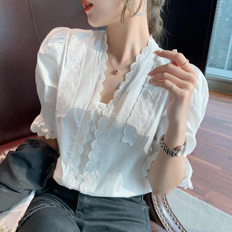 White V-Neck Puff Sleeve Lace Shirt for Women Short Sleeve