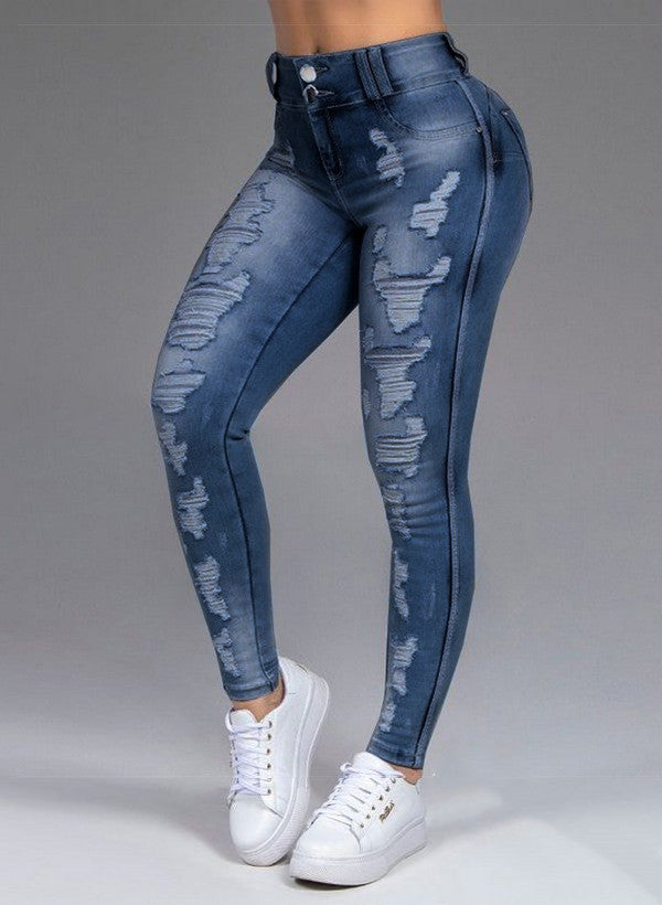 Jeans en denim extensible déchirés pour femmes avec des trous