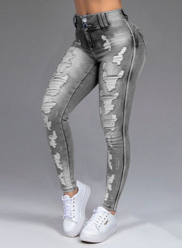 Jeans en denim extensible déchirés pour femmes avec des trous