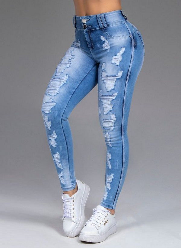 Jeans en denim extensible déchirés pour femmes avec des trous