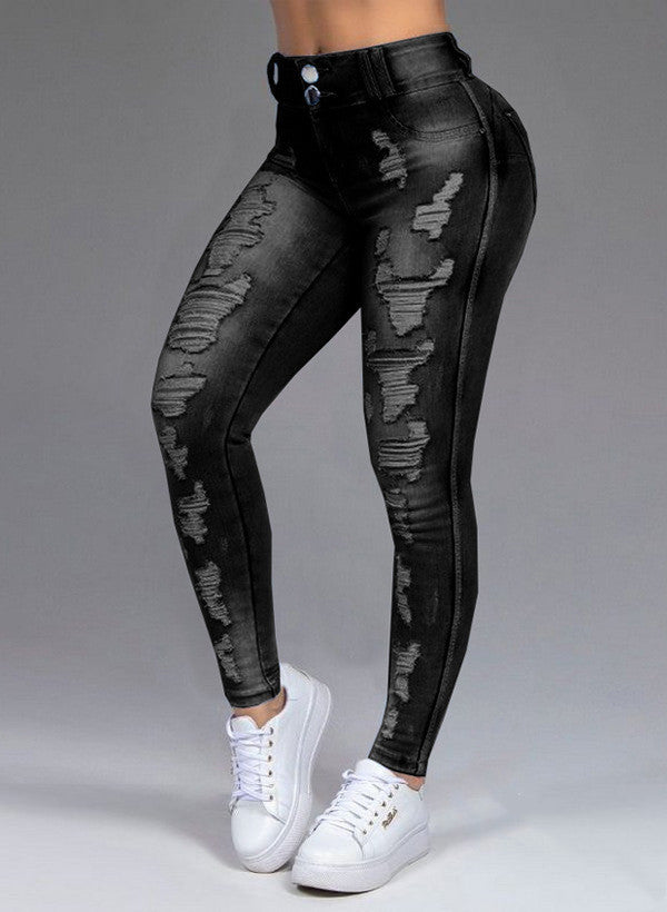 Jeans en denim extensible déchirés pour femmes avec des trous