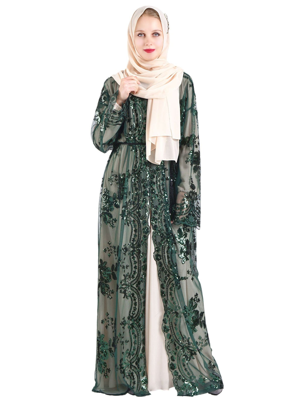 Muslim Women Short Sleeve Printed Flower Long Dress with Belt