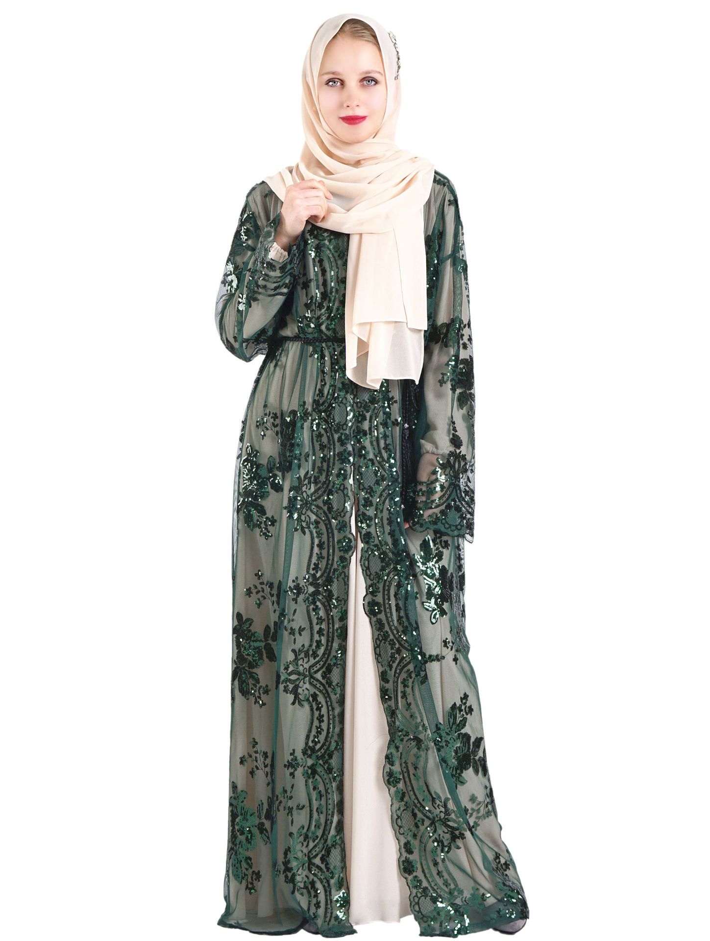 Muslim Women Short Sleeve Printed Flower Long Dress with Belt