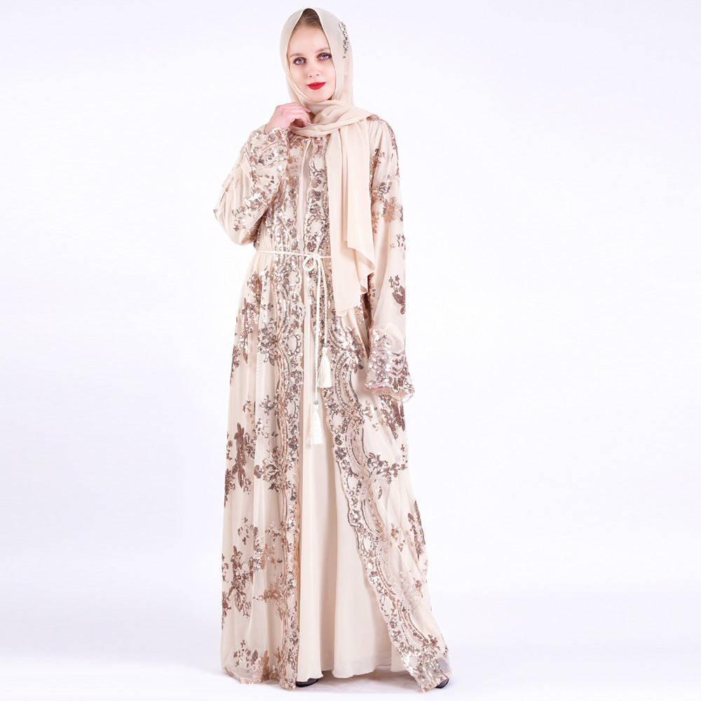 Muslim Women Short Sleeve Printed Flower Long Dress with Belt