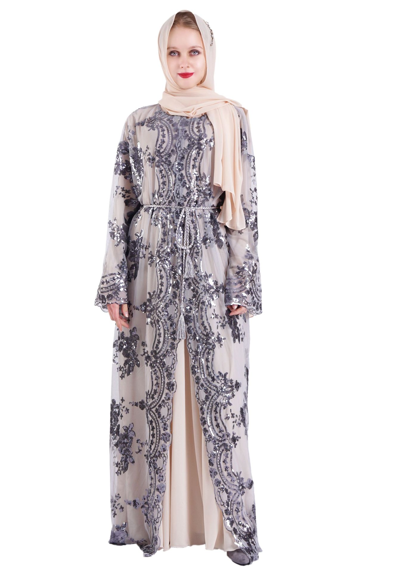 Muslim Women Short Sleeve Printed Flower Long Dress with Belt