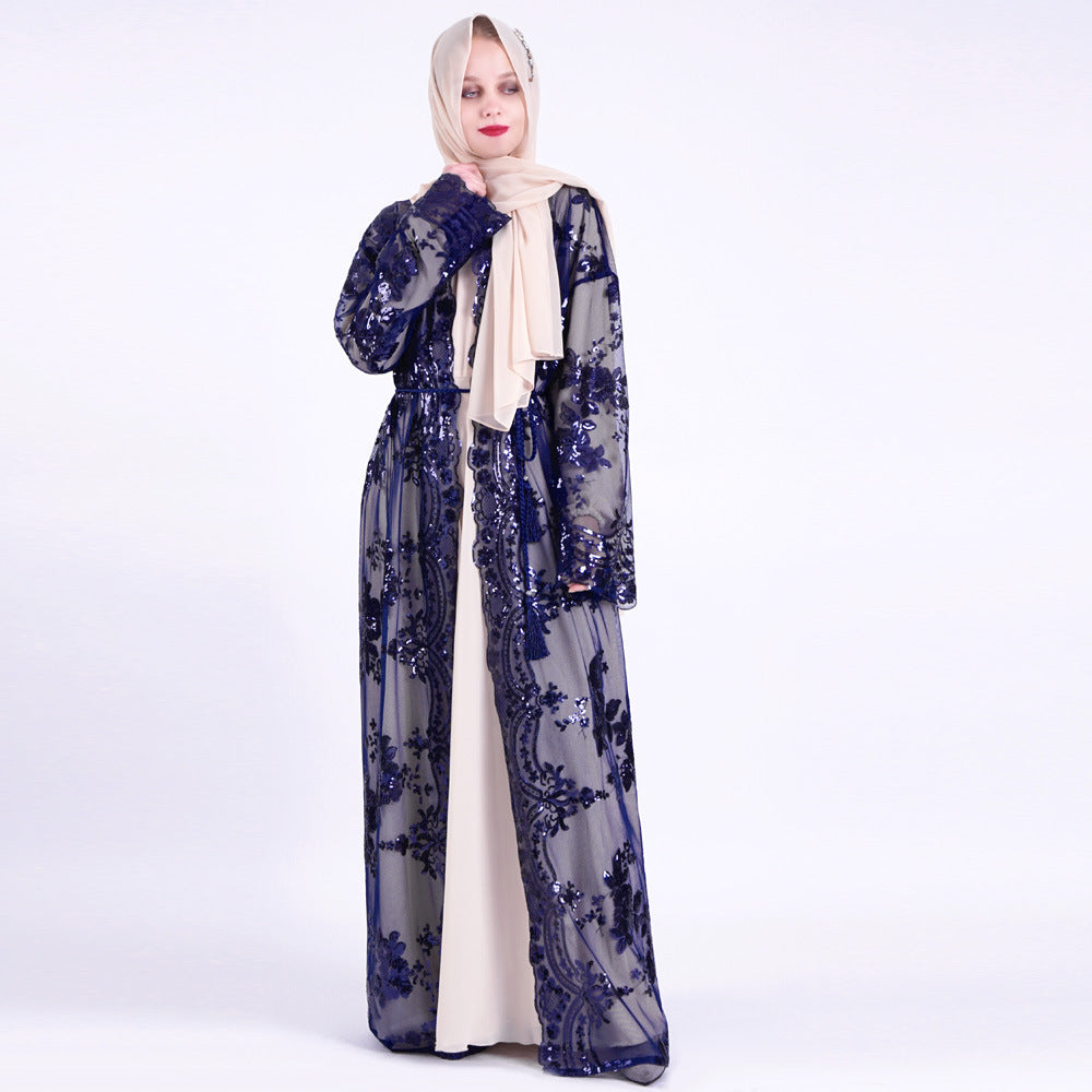 Muslim Women Short Sleeve Printed Flower Long Dress with Belt
