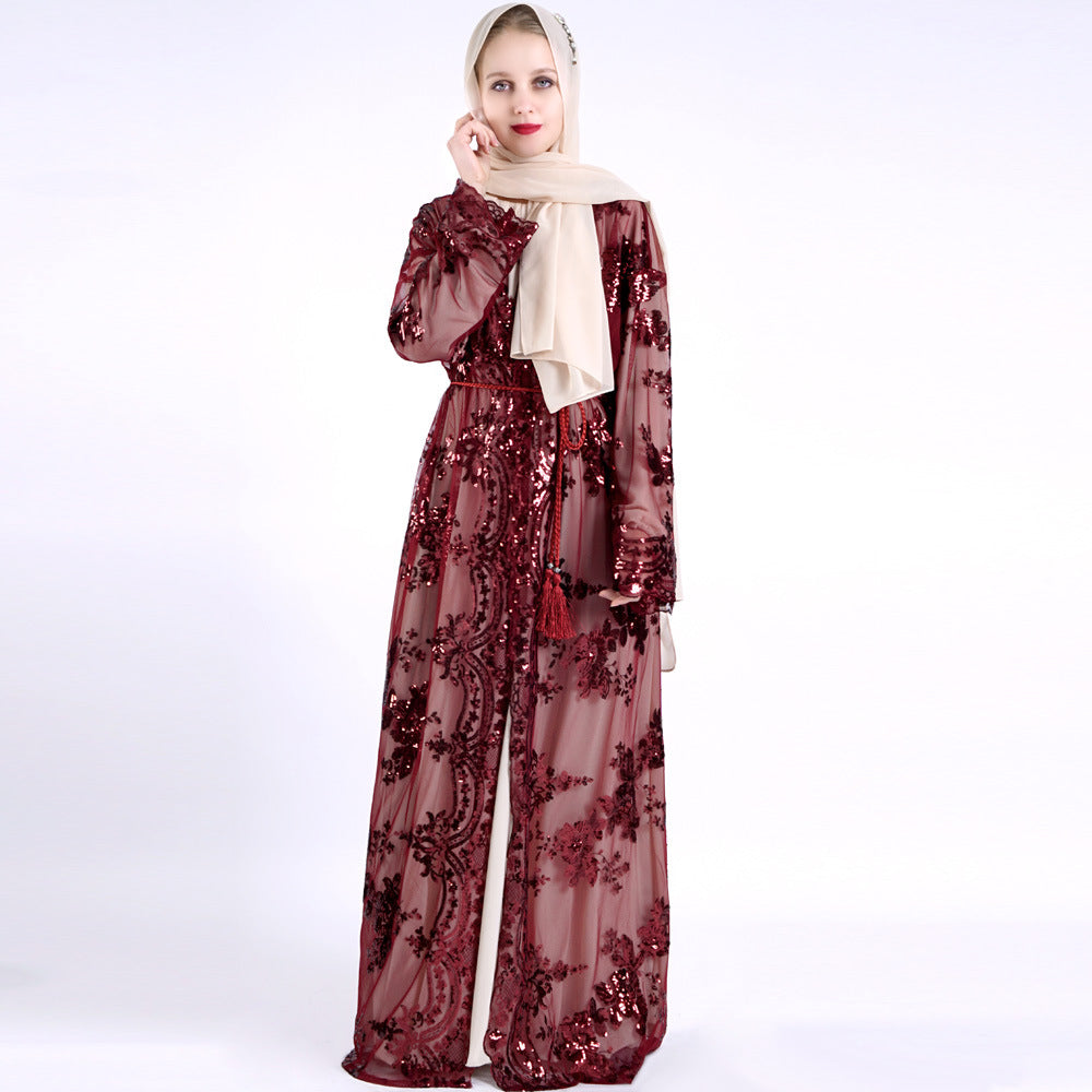 Muslim Women Short Sleeve Printed Flower Long Dress with Belt