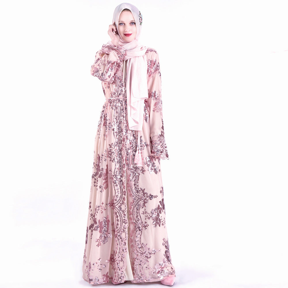 Muslim Women Short Sleeve Printed Flower Long Dress with Belt