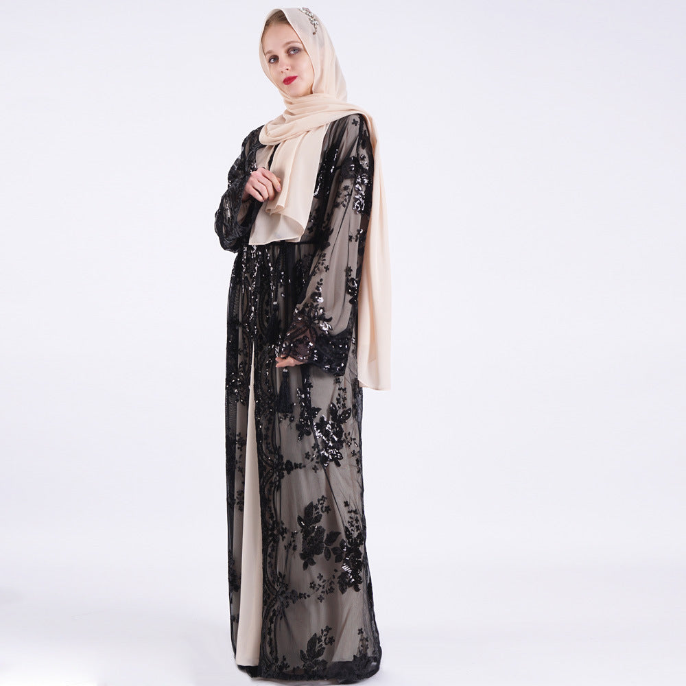Muslim Women Short Sleeve Printed Flower Long Dress with Belt