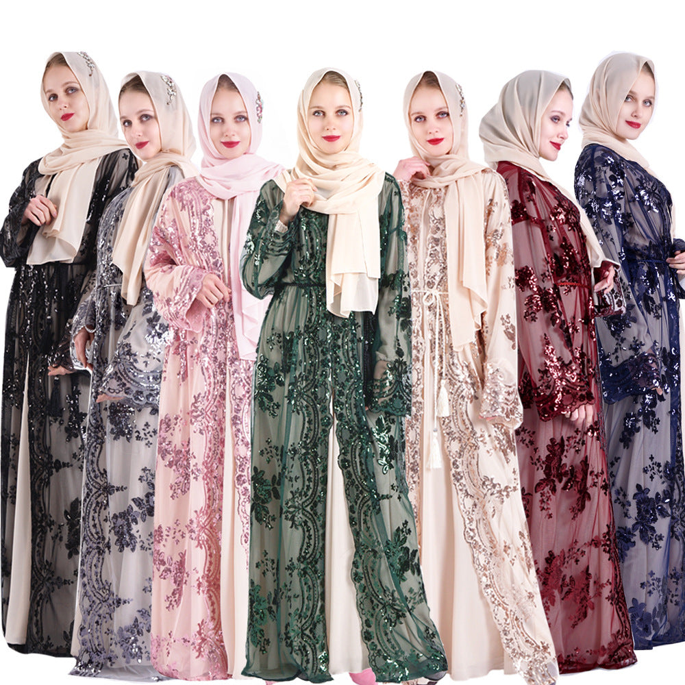 Muslim Women Short Sleeve Printed Flower Long Dress with Belt