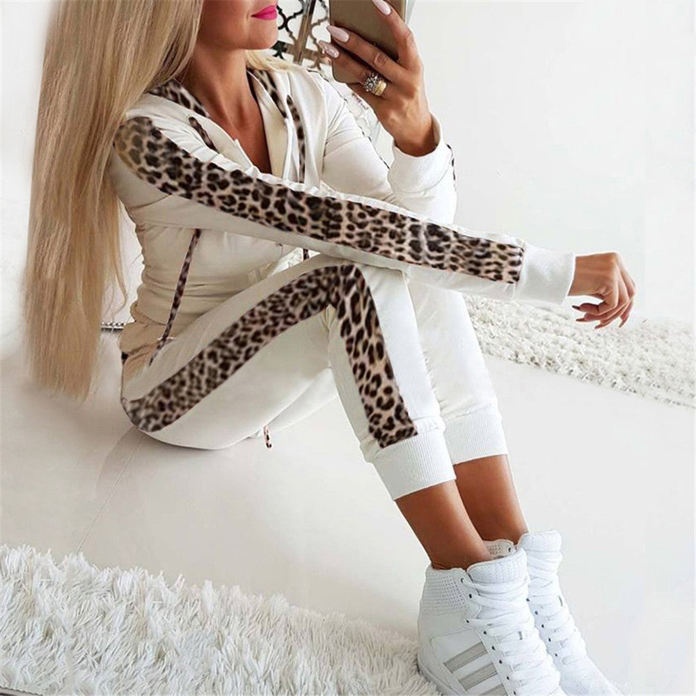 Leopard Print Plus Size Velvet Zipper Hoodie Set with Pockets