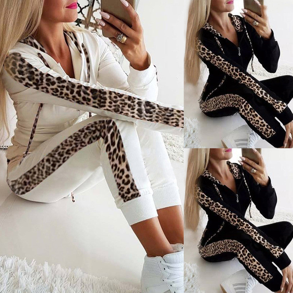 Leopard Print Plus Size Velvet Zipper Hoodie Set with Pockets