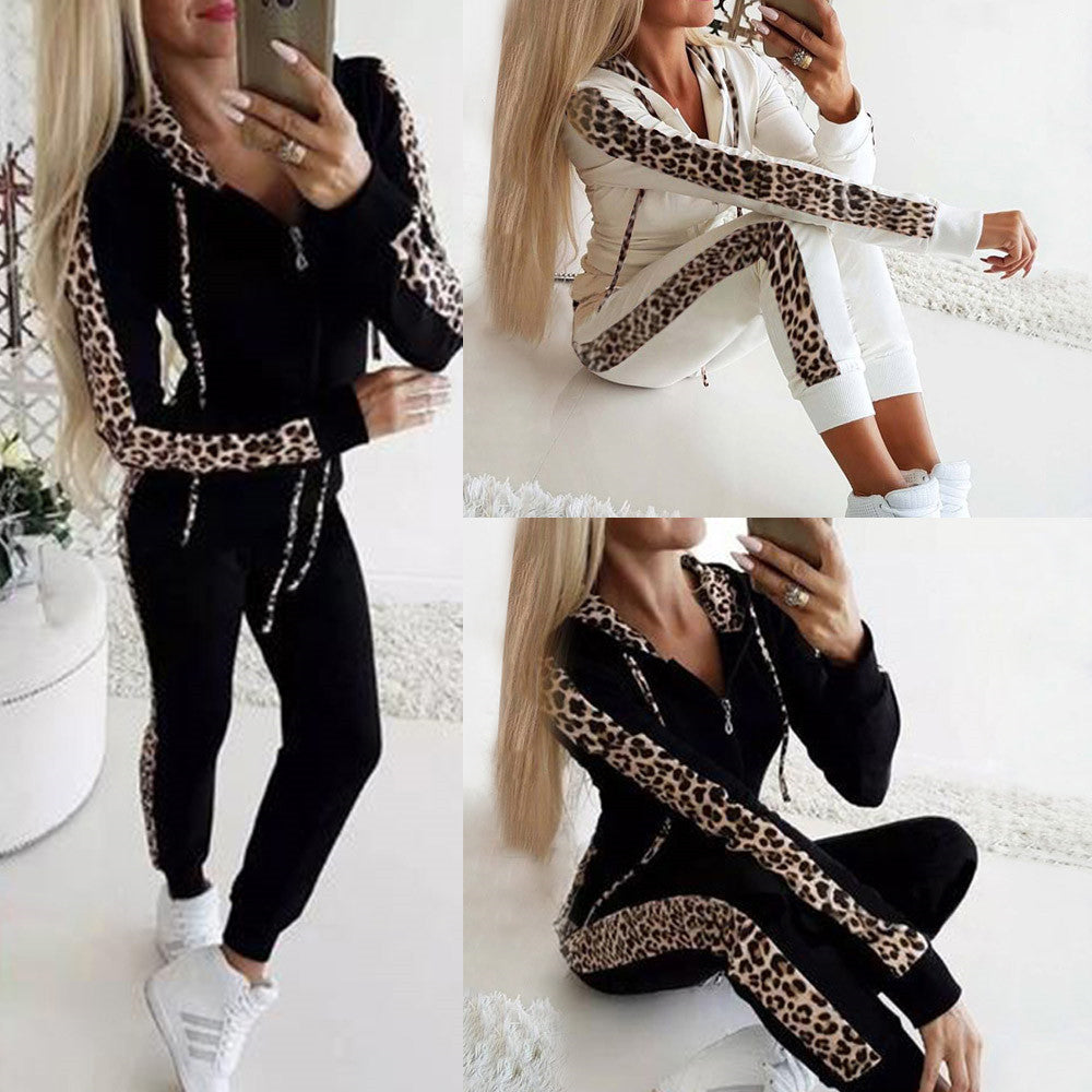 Leopard Print Plus Size Velvet Zipper Hoodie Set with Pockets