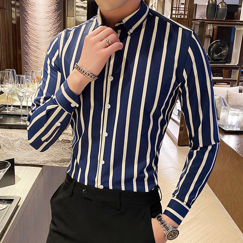 Chemise décontractée rayée à manches longues coupe slim pour homme