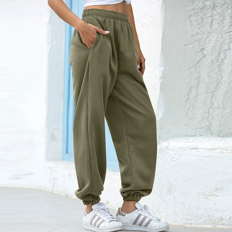Pantalon décontracté large femme à taille haute élastique